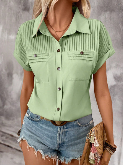 She Wears Glory™ – The Clarity Collar Shirt (Pleated Short Sleeve Button-Down) - She Wears Glory Beverly Hills