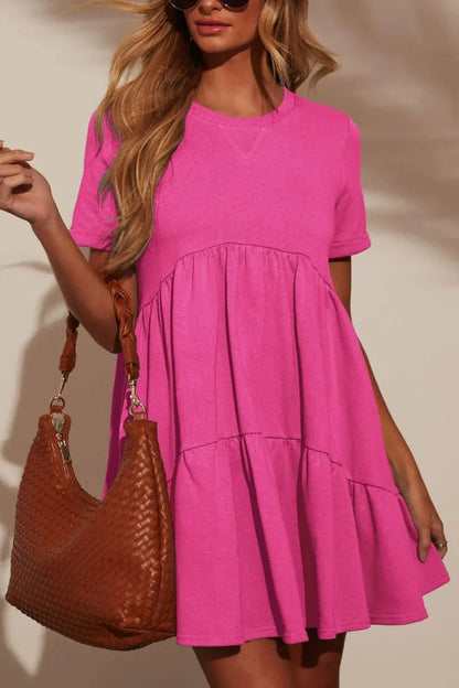 She Wears Glory™ Tiered Round Neck Short Sleeve Mini Dress - She Wears Glory Beverly Hills