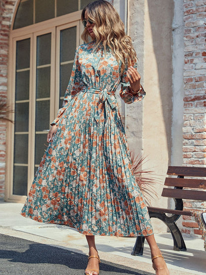 She Wears Glory™ – The Virtue Robe Dress (Pleated Mock Neck Printed Long Sleeve Dress) - She Wears Glory Beverly Hills