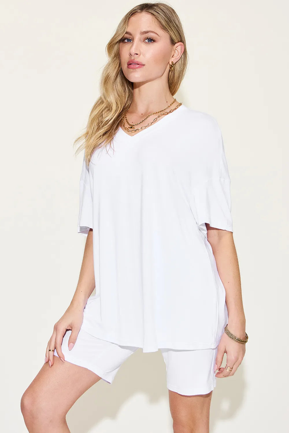 She Wears Glory™ Divine Ease Lounge Set Two-Piece Three-Quarter Sleeve Top &amp; Shorts in Soft Rayon Blend - She Wears Glory Beverly Hills