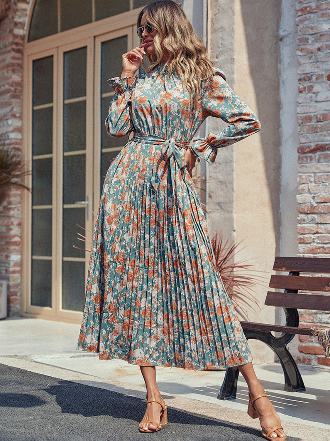 She Wears Glory™ – The Virtue Robe Dress (Pleated Mock Neck Printed Long Sleeve Dress) - She Wears Glory Beverly Hills