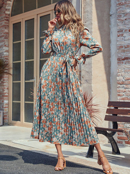 She Wears Glory™ – The Virtue Robe Dress (Pleated Mock Neck Printed Long Sleeve Dress) - She Wears Glory Beverly Hills