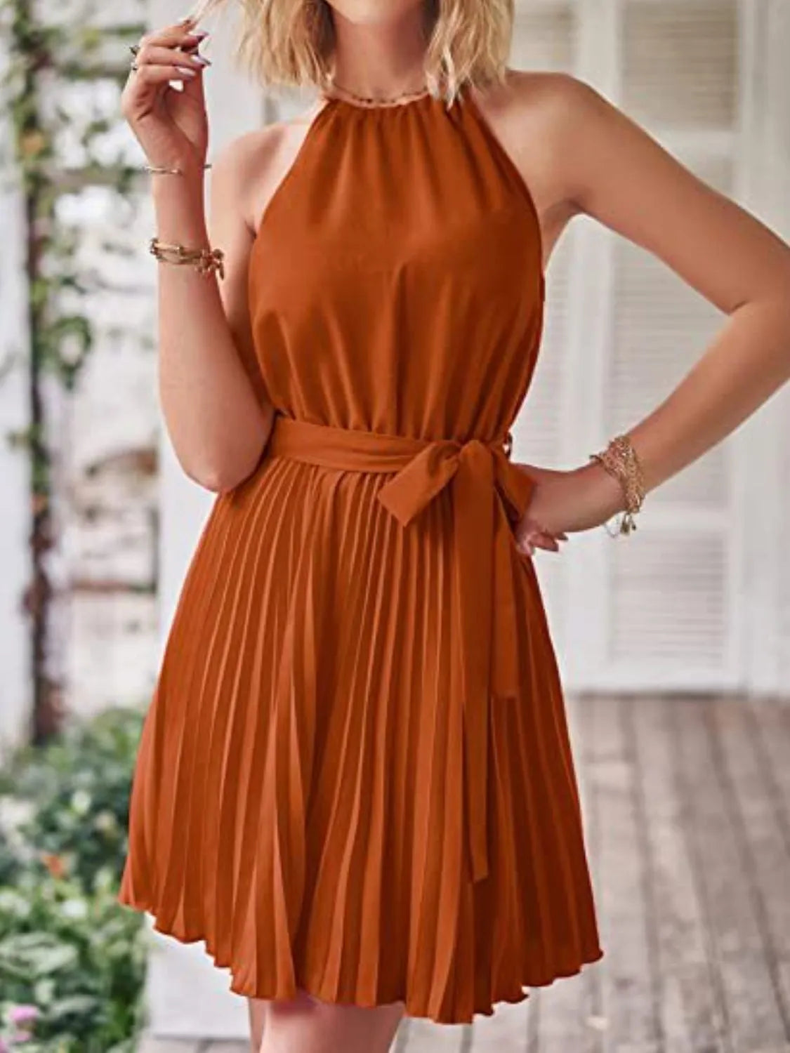 She Wears Glory™ “Crowned in Stillness” Pleated Tie-Waist Mini Dress - She Wears Glory Beverly Hills
