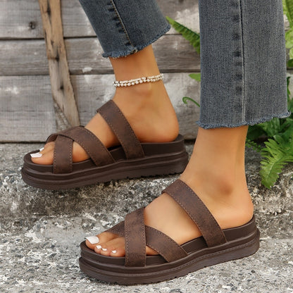 She Wears Glory™ — Mary’s Mission Crisscross PU Leather Flat Sandals - She Wears Glory Beverly Hills