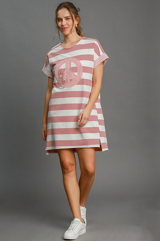 She Wears Glory™ Striped Peace Appliqué Dress – Laid-Back Grace with a Message of Stillness - She Wears Glory Beverly Hills