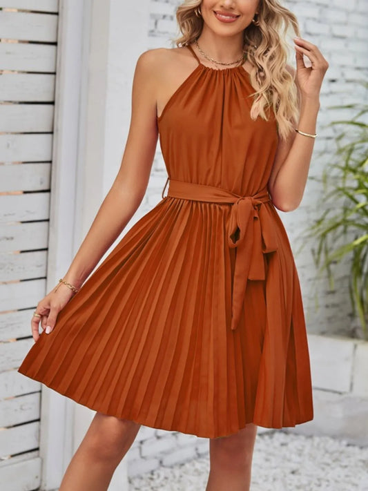 She Wears Glory™ “Crowned in Stillness” Pleated Tie-Waist Mini Dress - She Wears Glory Beverly Hills