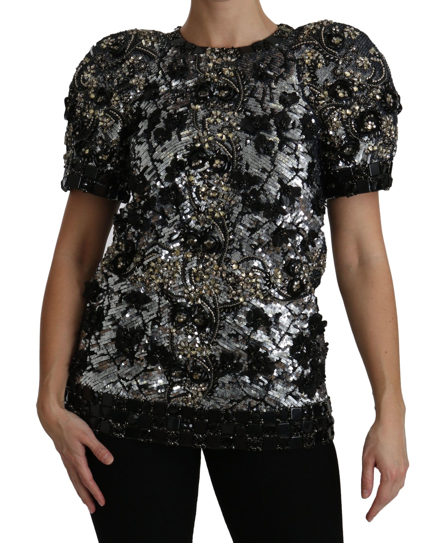Dolce & Gabbana Black Sequined Crystal Embellished Top Blouse