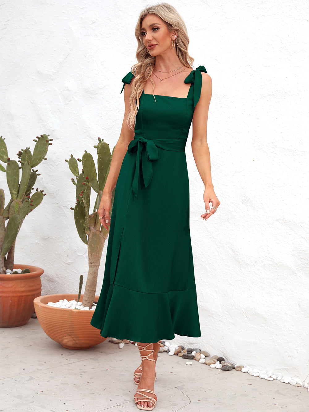 She Wears Glory “Leah” Tie Strap Peplum Midi Dress - She Wears Glory Beverly Hills