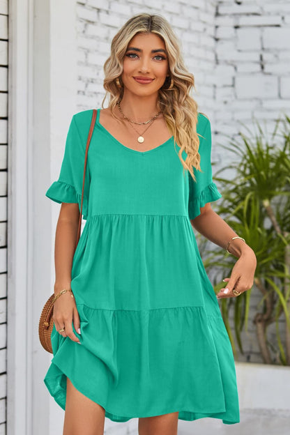 She Wears Glory™ Mandy V-Neck Flounce Sleeve Tiered Dress - She Wears Glory Beverly Hills