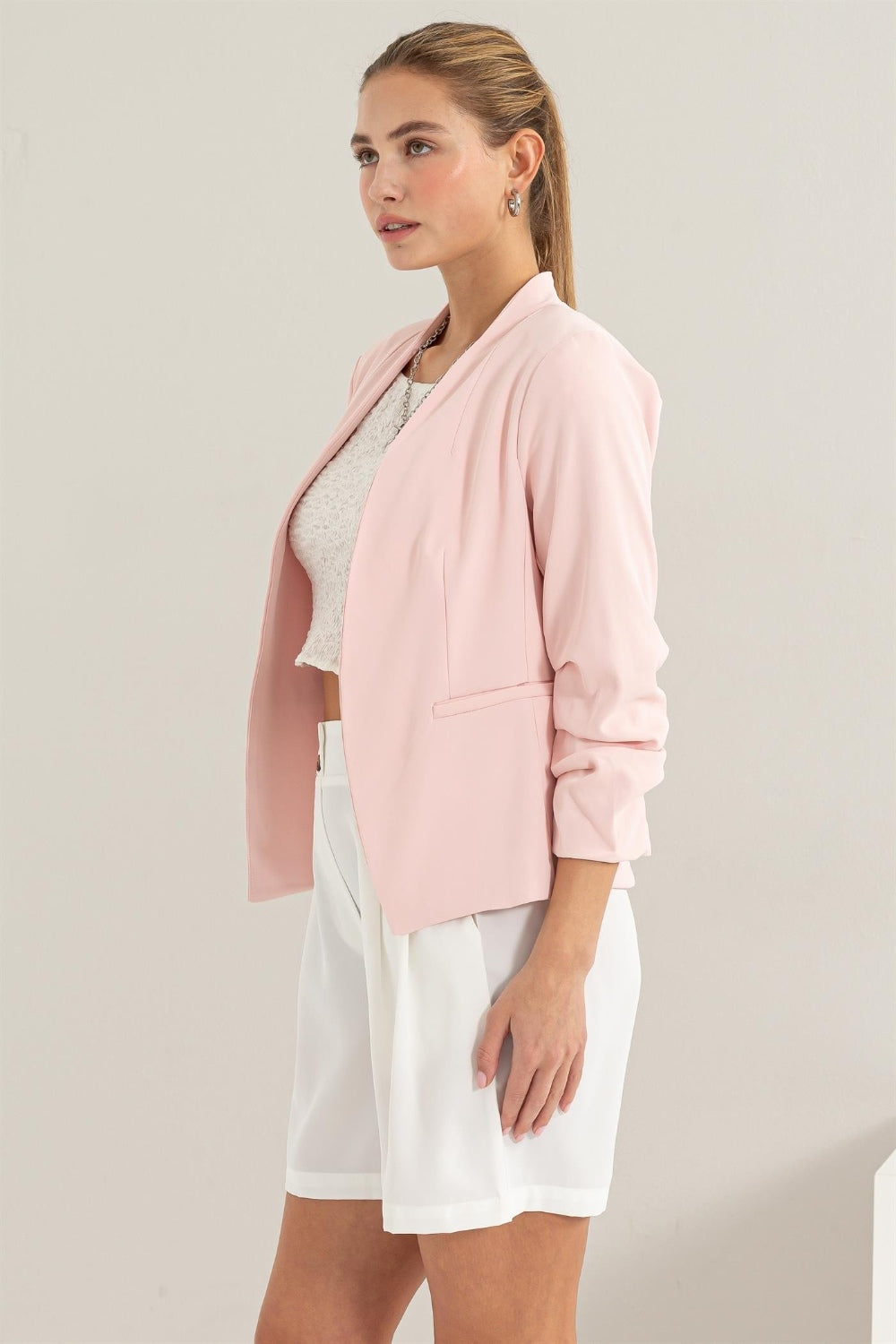 She Wears Glory “Grace in Motion” Ruched Sleeve Open Front Blazer - She Wears Glory Beverly Hills