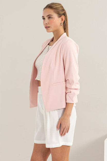 She Wears Glory “Grace in Motion” Ruched Sleeve Open Front Blazer - She Wears Glory Beverly Hills