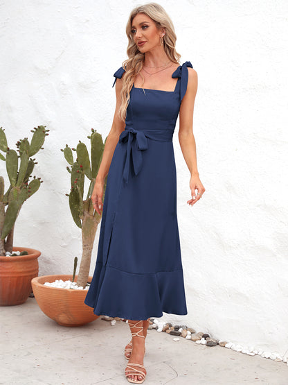 She Wears Glory “Leah” Tie Strap Peplum Midi Dress - She Wears Glory Beverly Hills