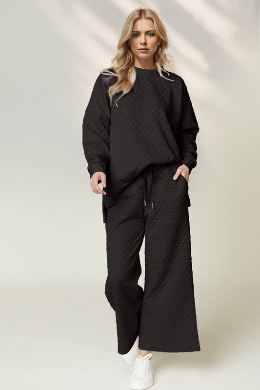 She Wears Glory™ “Divine Alignment” Double Take Checkered Slit High-Low Round Neck Top and Wide Leg Pants Set - She Wears Glory Beverly Hills