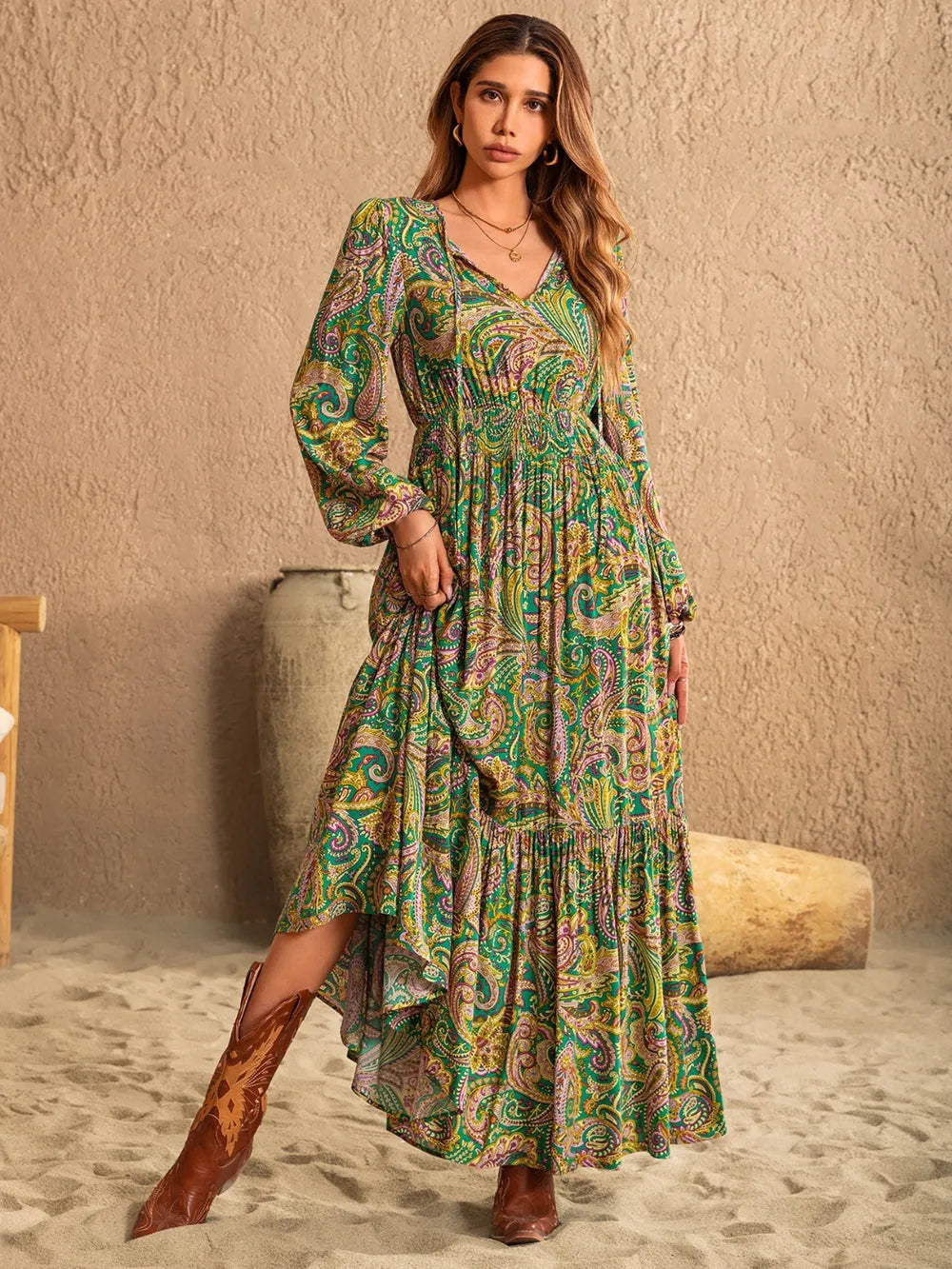 She Wears Glory “Esther Arising” Tie-Neck Long Sleeve Dress - She Wears Glory Beverly Hills