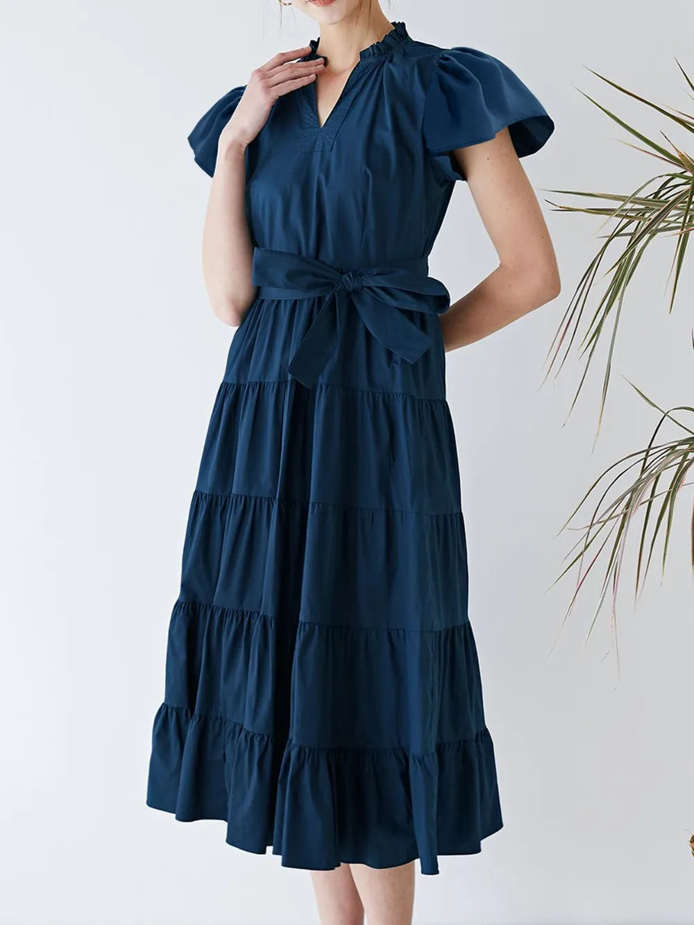 She Wears Glory™ Ruched Tiered Notched Short Sleeve Dress - She Wears Glory Beverly Hills