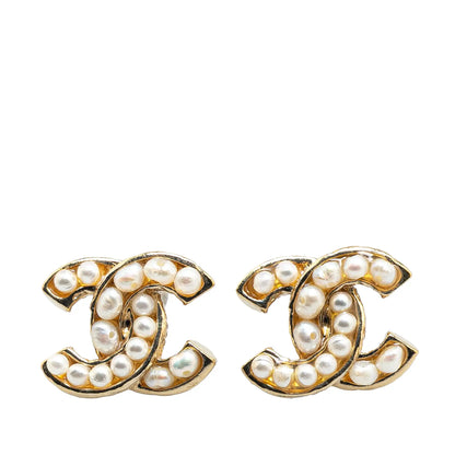 Chanel CC Gold Plated Faux Pearl Push Back Earrings