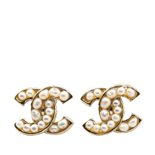 Chanel CC Gold Plated Faux Pearl Push Back Earrings