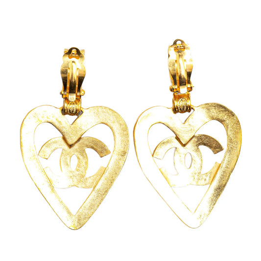 Chanel CC Gold Plated Heart Drop Clip On Earrings