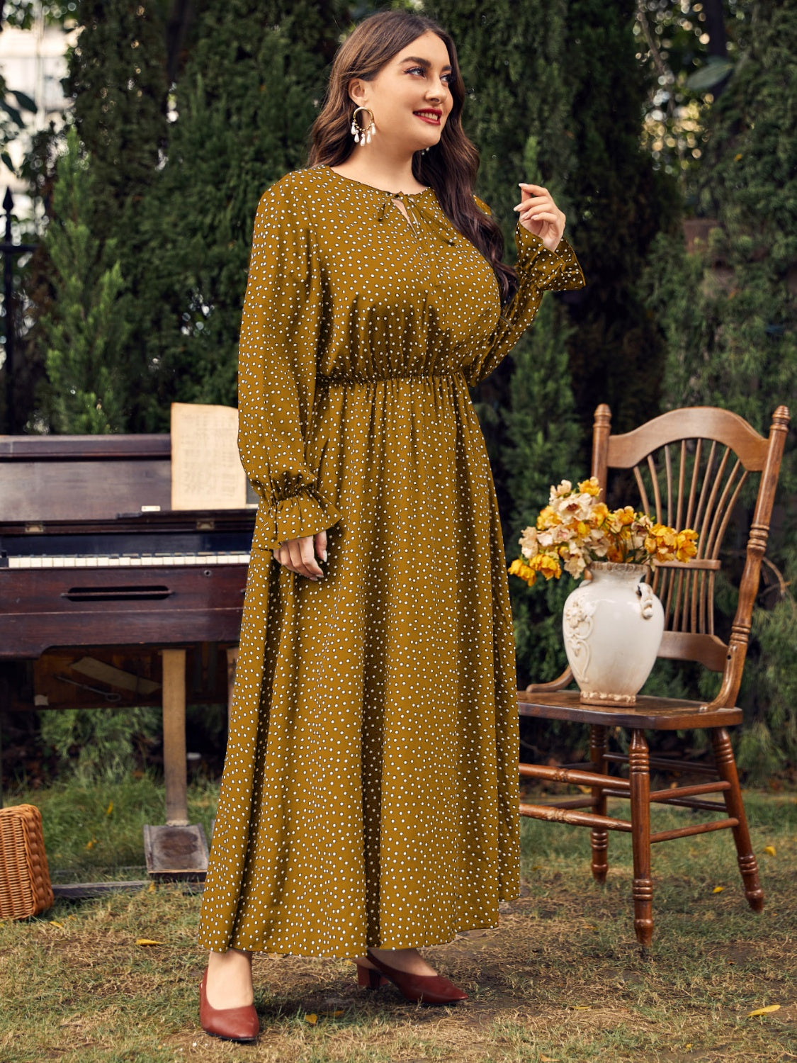She Wears Glory™ “Heaven’s Embrace” Plus Size Ruffled Polka Dot Midi Dress - She Wears Glory Beverly Hills