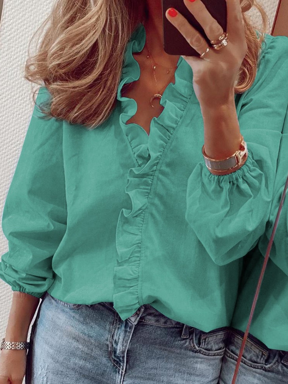 Full Size Ruffled V-Neck Long Sleeve Blouse - She Wears Glory Beverly Hills