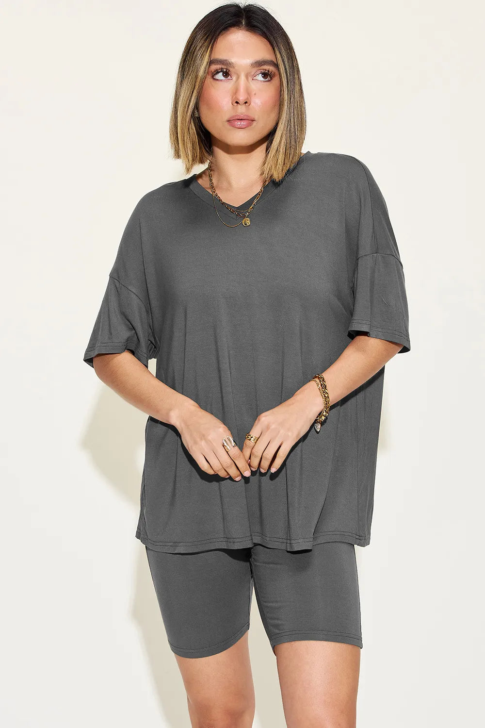 She Wears Glory™ Divine Ease Lounge Set Two-Piece Three-Quarter Sleeve Top &amp; Shorts in Soft Rayon Blend - She Wears Glory Beverly Hills