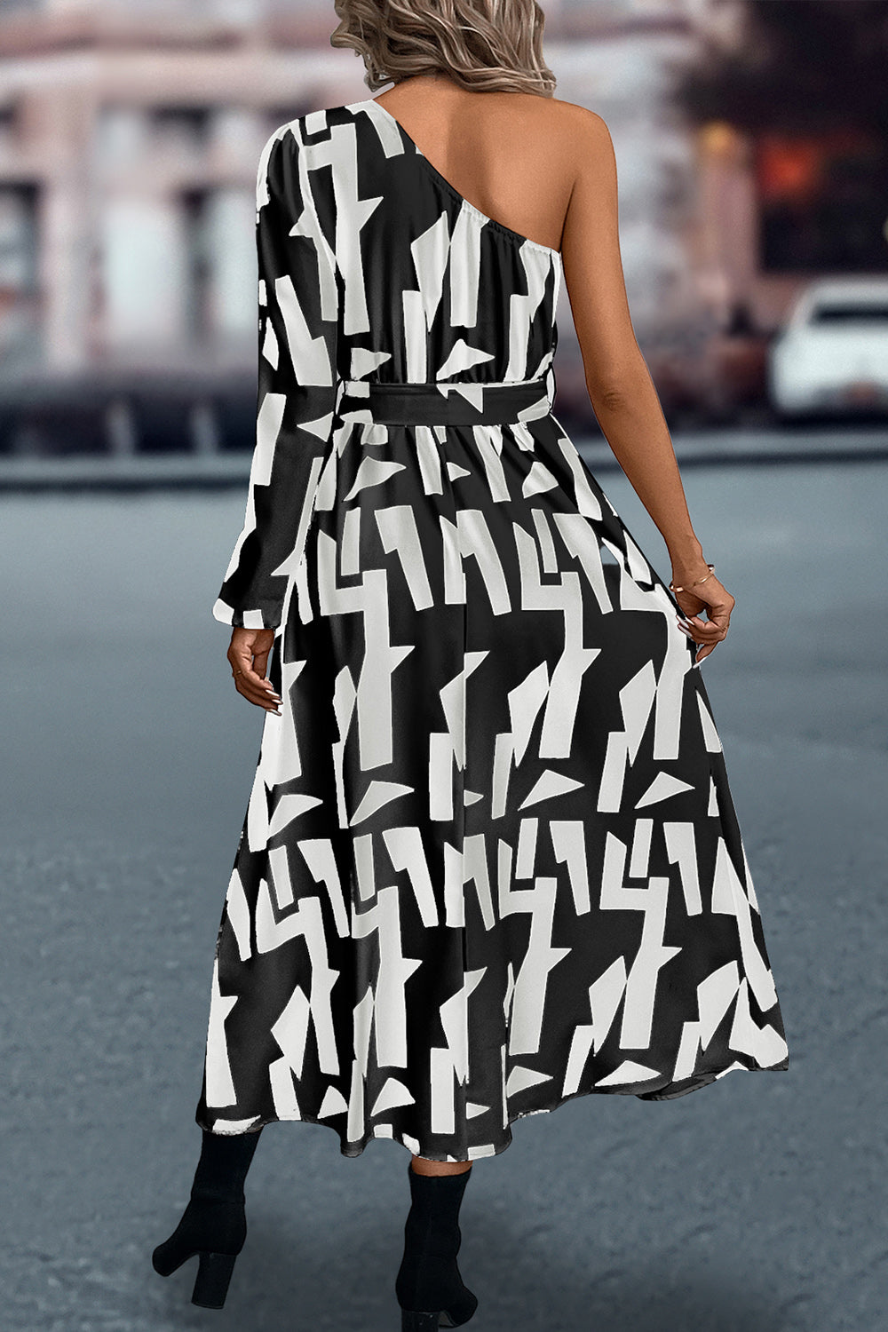 She Wears Glory “Rahab” Printed One-Shoulder Tie Waist Dress - She Wears Glory Beverly Hills