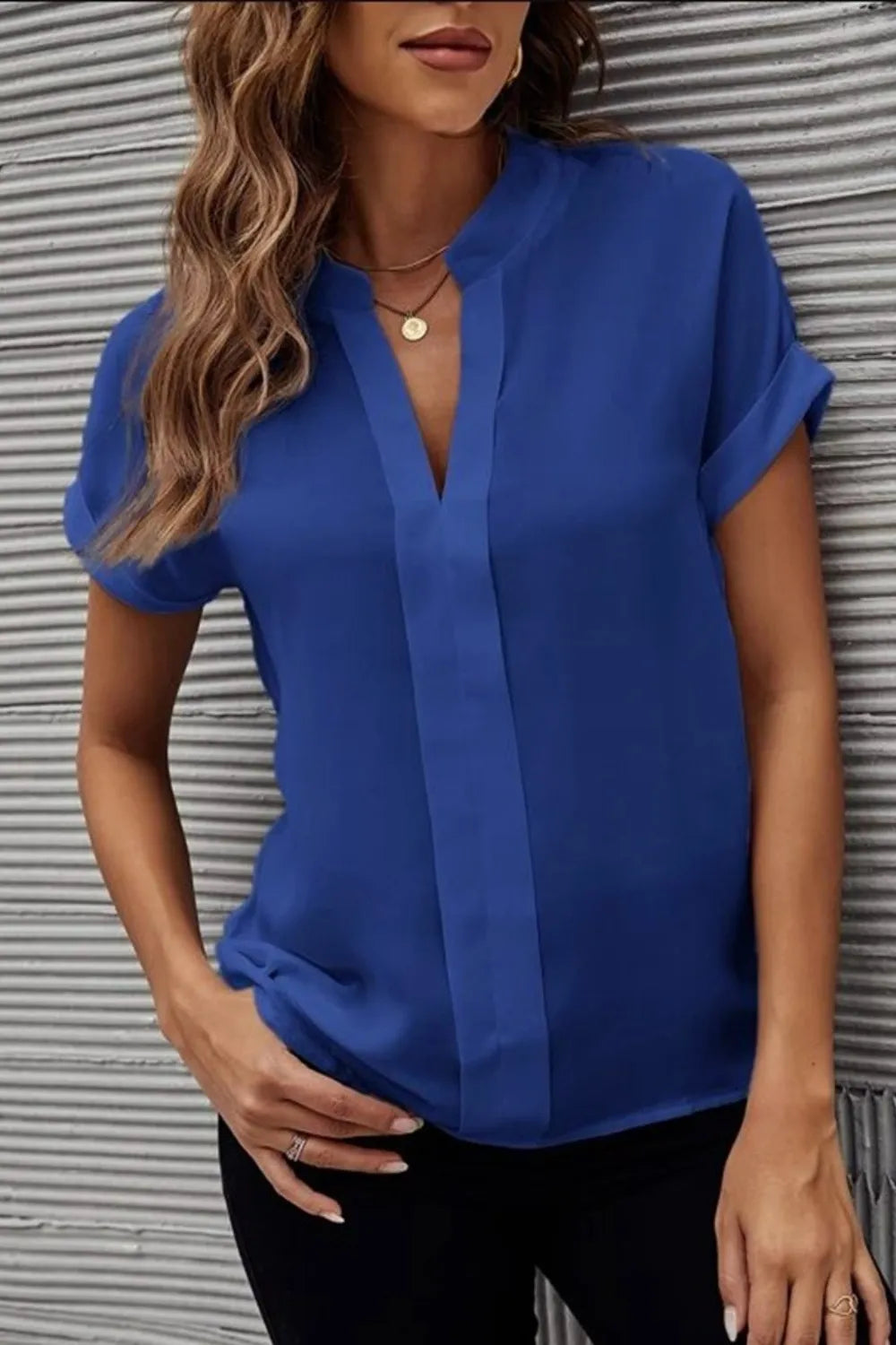 She Wears Glory™ — Rooted & Radiant Notched Short Sleeve Blouse - She Wears Glory Beverly Hills