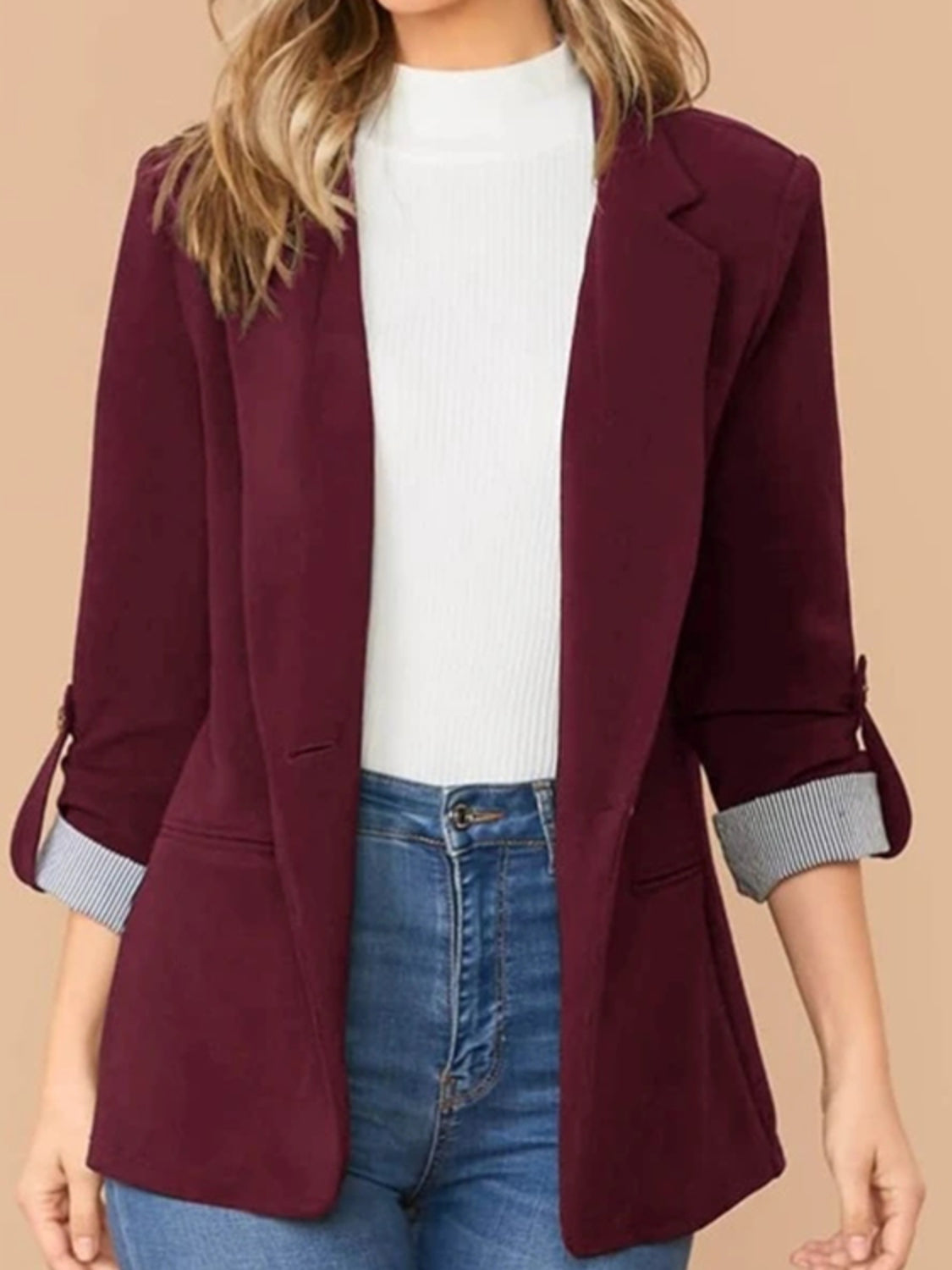 She Wears Glory “Walking in Wisdom” Roll-Tab Sleeve Blazer - She Wears Glory Beverly Hills
