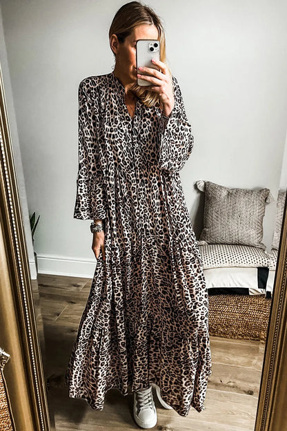 She Wears Glory “Jael” Leopard Notched Long Sleeve Maxi Dress - She Wears Glory Beverly Hills
