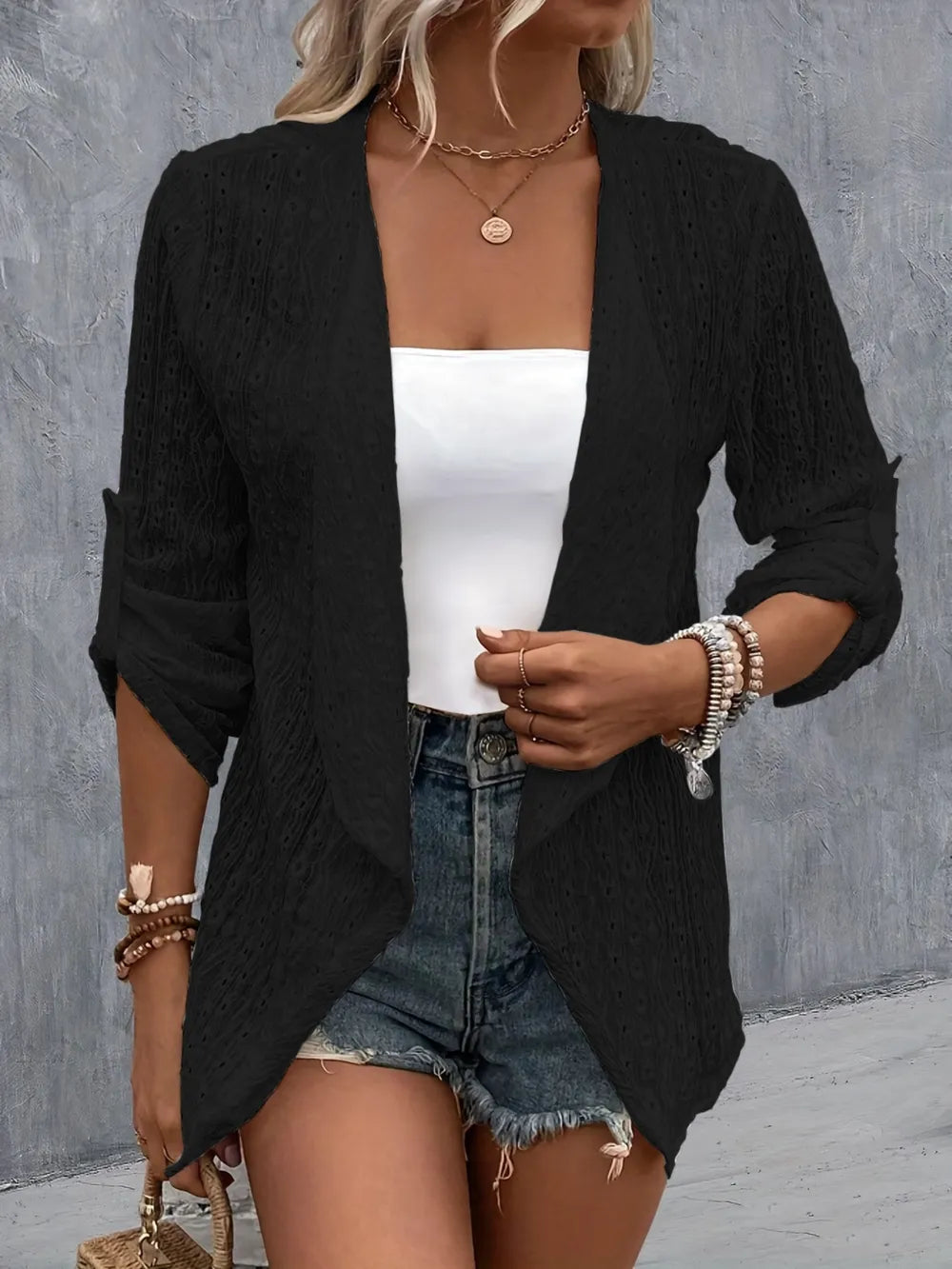 She Wears Glory™ Eyelet Roll-Tab Sleeve Cardigan - She Wears Glory Beverly Hills