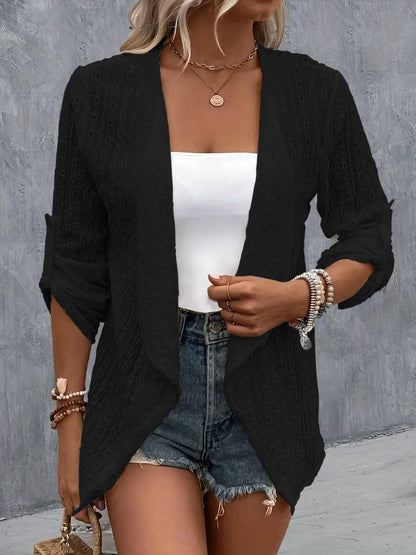 She Wears Glory™ Eyelet Roll-Tab Sleeve Cardigan - She Wears Glory Beverly Hills