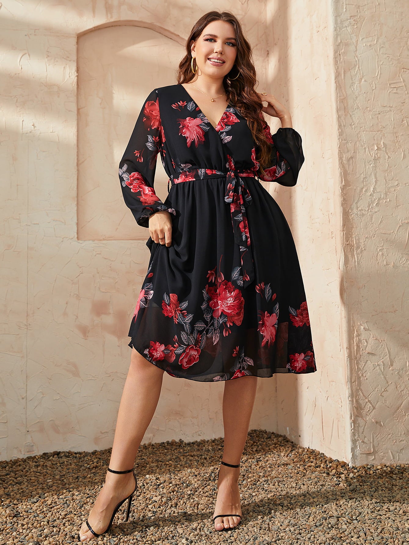 She Wears Glory™ “Radiant Rejoice” Plus Size Floral Surplice Midi Dress - She Wears Glory Beverly Hills