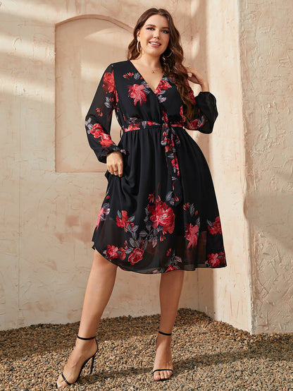 She Wears Glory™ “Radiant Rejoice” Plus Size Floral Surplice Midi Dress - She Wears Glory Beverly Hills