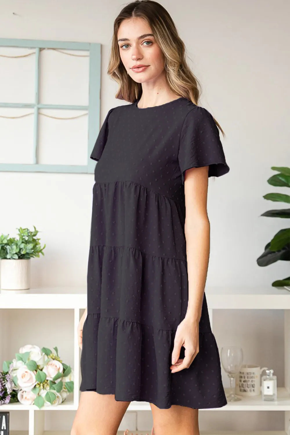 She Wears Glory™ Swiss Dot Short Sleeve Tiered Dress - She Wears Glory Beverly Hills