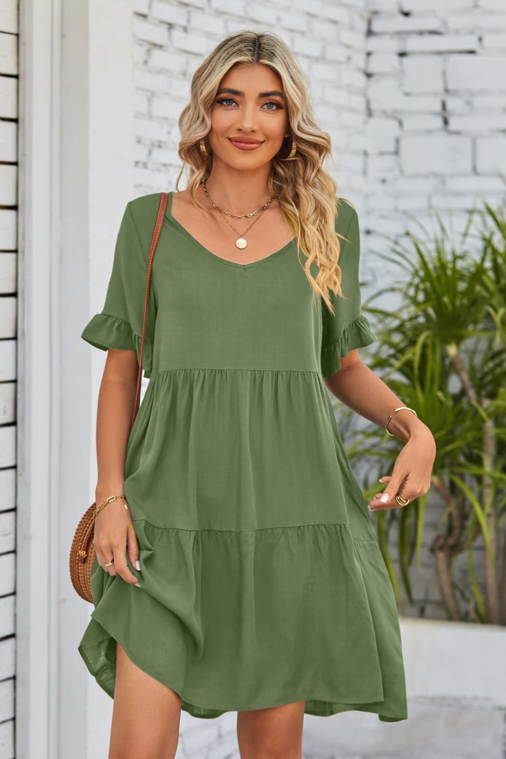 She Wears Glory™ Mandy V-Neck Flounce Sleeve Tiered Dress - She Wears Glory Beverly Hills