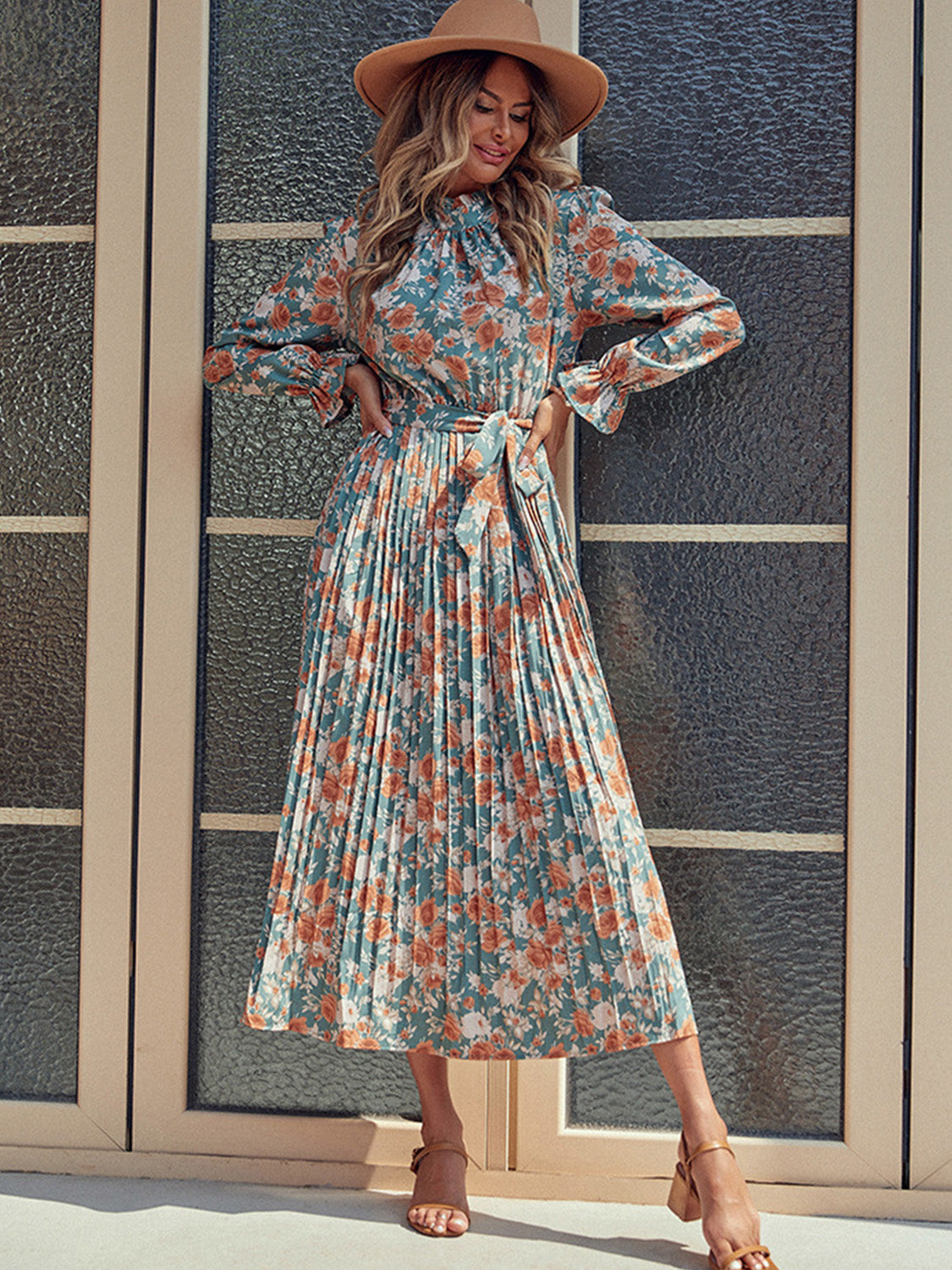 She Wears Glory™ – The Virtue Robe Dress (Pleated Mock Neck Printed Long Sleeve Dress) - She Wears Glory Beverly Hills
