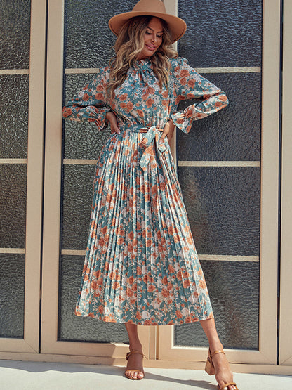 She Wears Glory™ – The Virtue Robe Dress (Pleated Mock Neck Printed Long Sleeve Dress) - She Wears Glory Beverly Hills