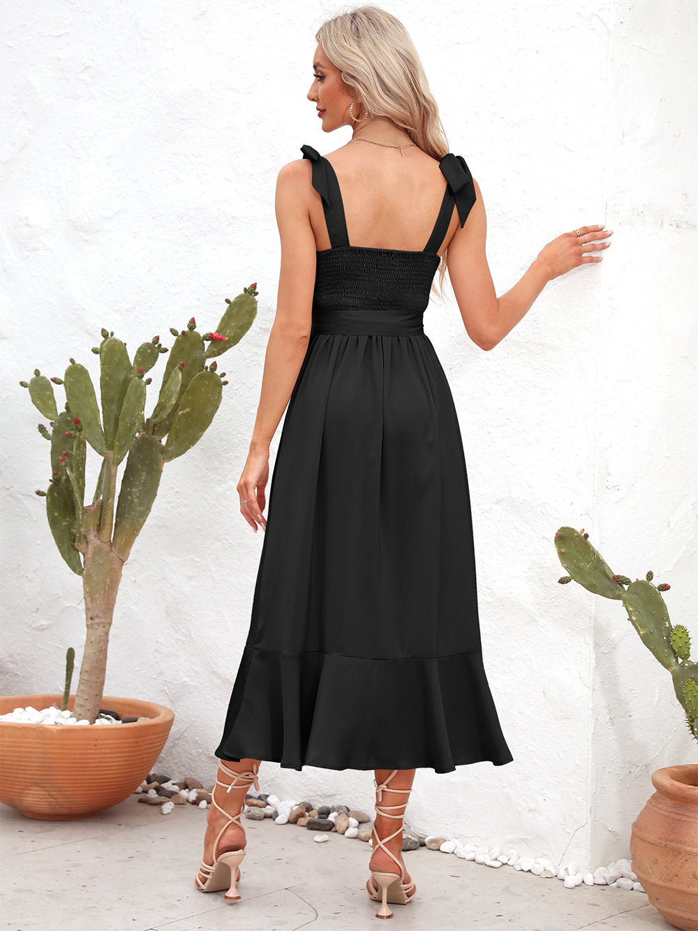 She Wears Glory “Leah” Tie Strap Peplum Midi Dress - She Wears Glory Beverly Hills