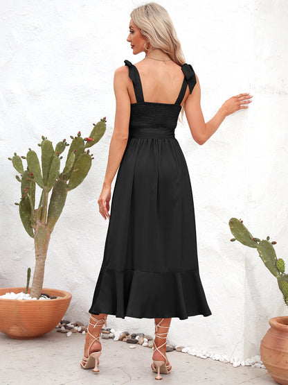 She Wears Glory “Leah” Tie Strap Peplum Midi Dress - She Wears Glory Beverly Hills