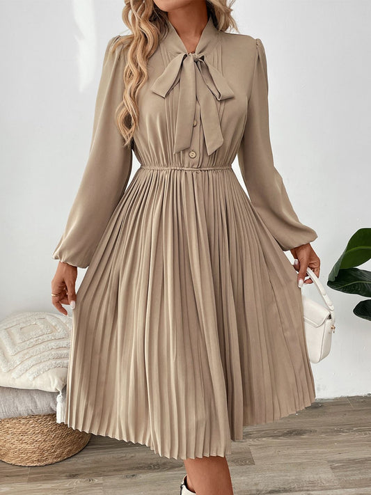 She Wears Glory™ – The Adorned Mantle Dress (Pleated Tie-Neck Long Sleeve Dress) - She Wears Glory Beverly Hills