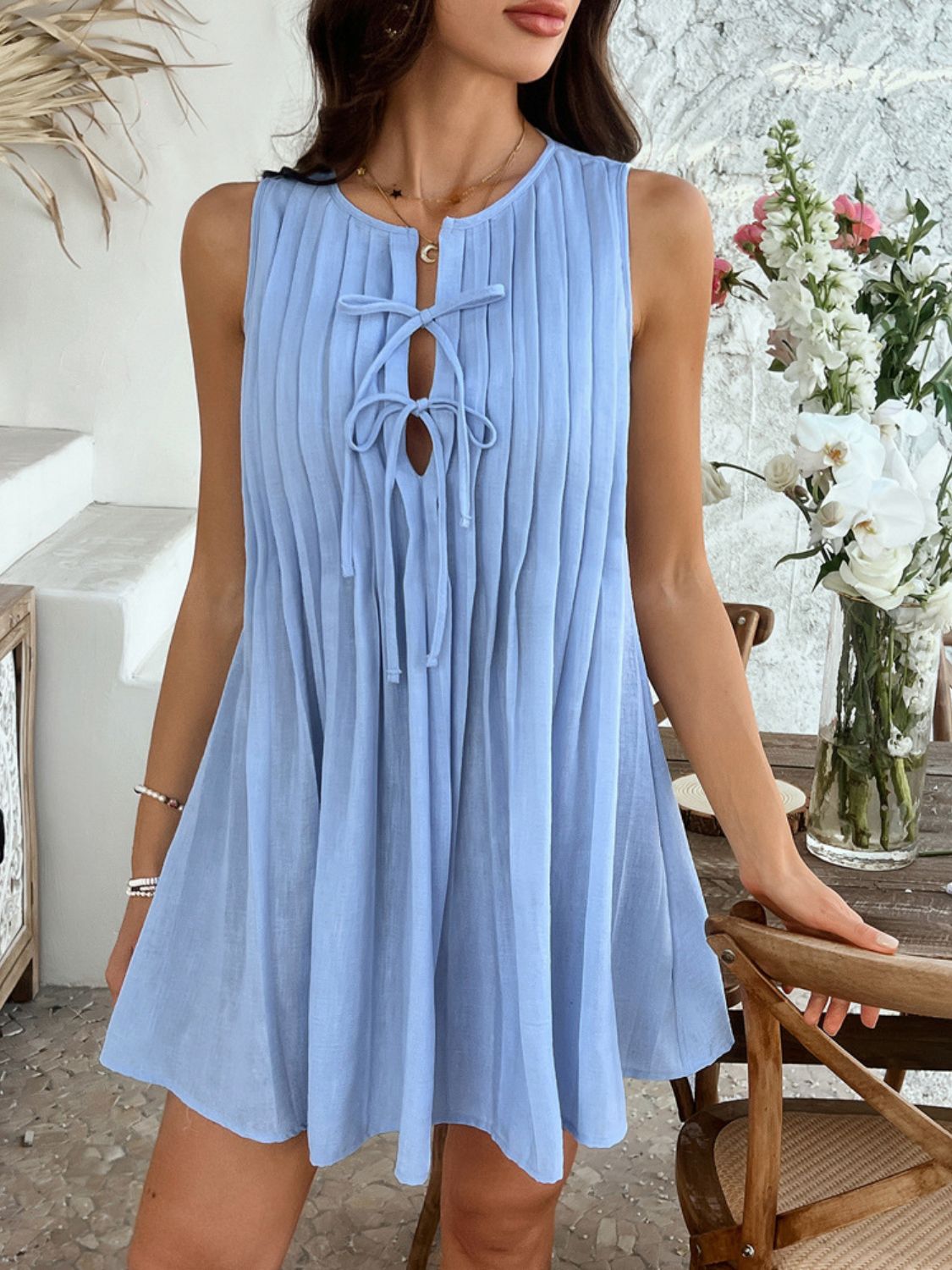 She Wears Glory™ “Divine Appointed” Pleated Tie-Waist Mini Dress - She Wears Glory Beverly Hills