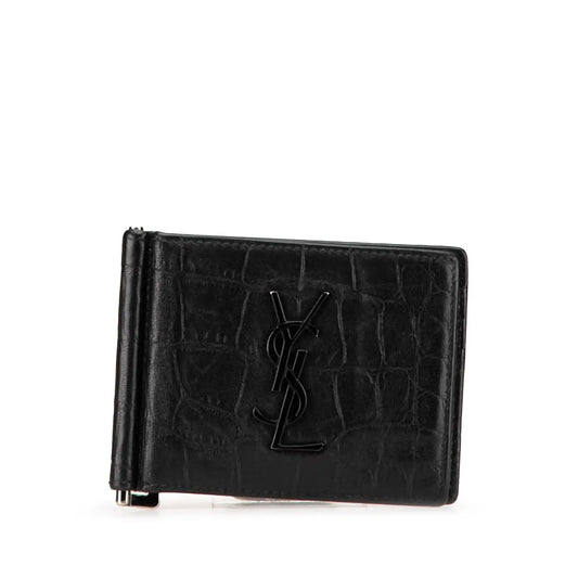 Saint Laurent Croc Embossed Leather Bifold Money Clip