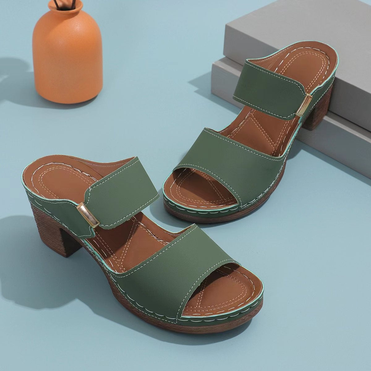 She Wears Glory™ — Miriam’s Stand PU Leather Block Heel Sandals - She Wears Glory Beverly Hills