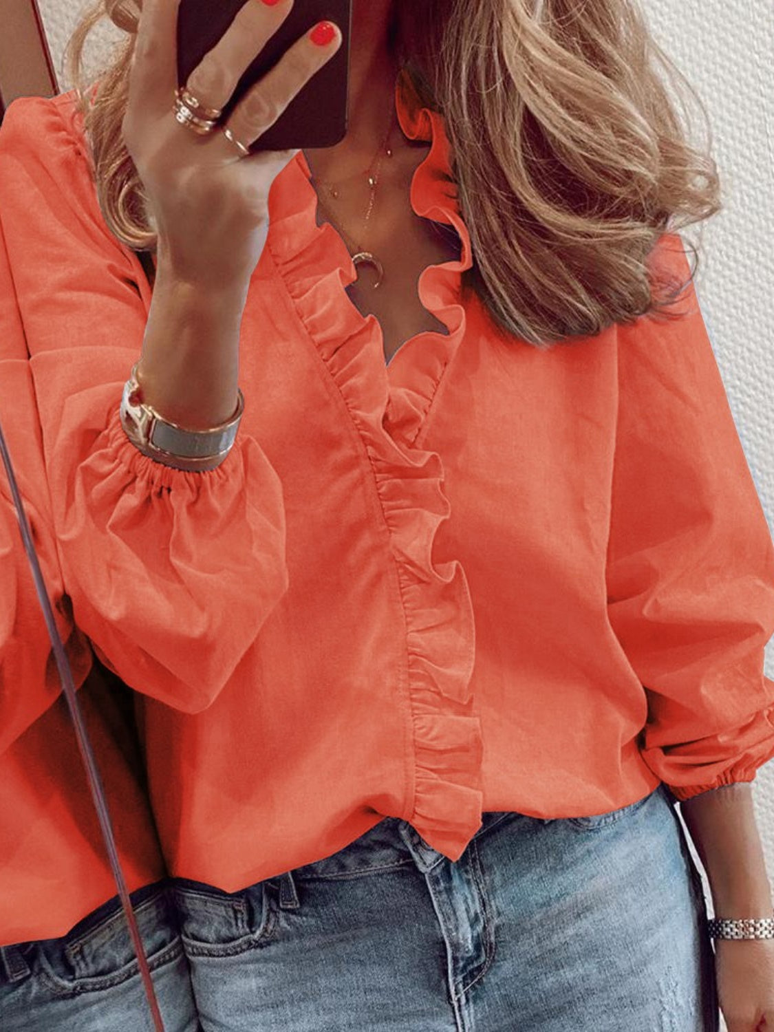 Full Size Ruffled V-Neck Long Sleeve Blouse - She Wears Glory Beverly Hills