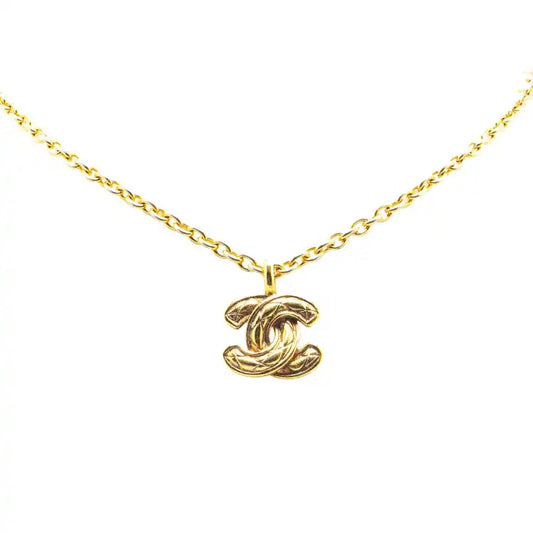 Chanel Gold Plated CC Quilted Pendant Necklace