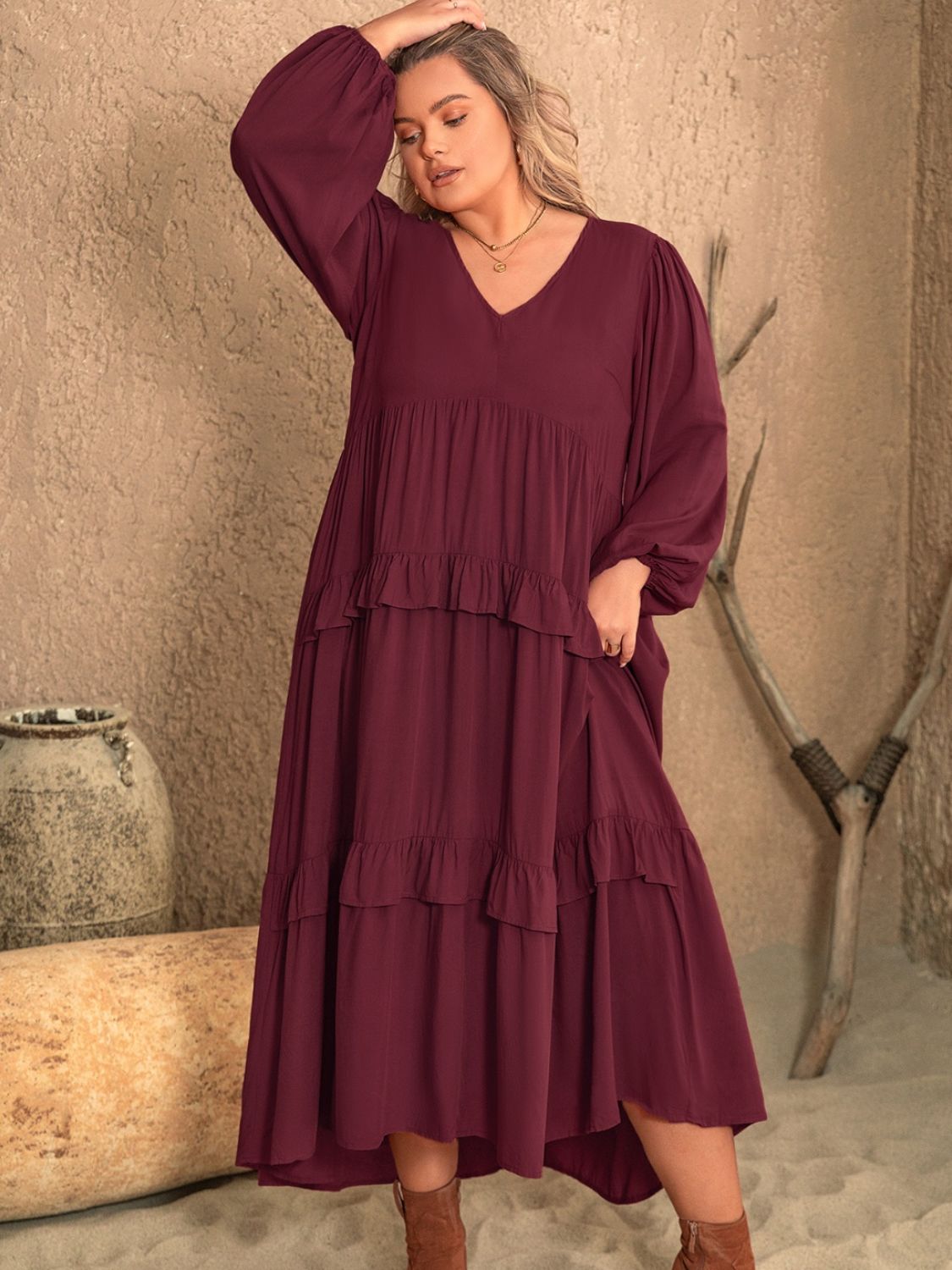 She Wears Glory™ “Crowned in Grace” Plus Size Ruffled V-Neck Dress - She Wears Glory Beverly Hills
