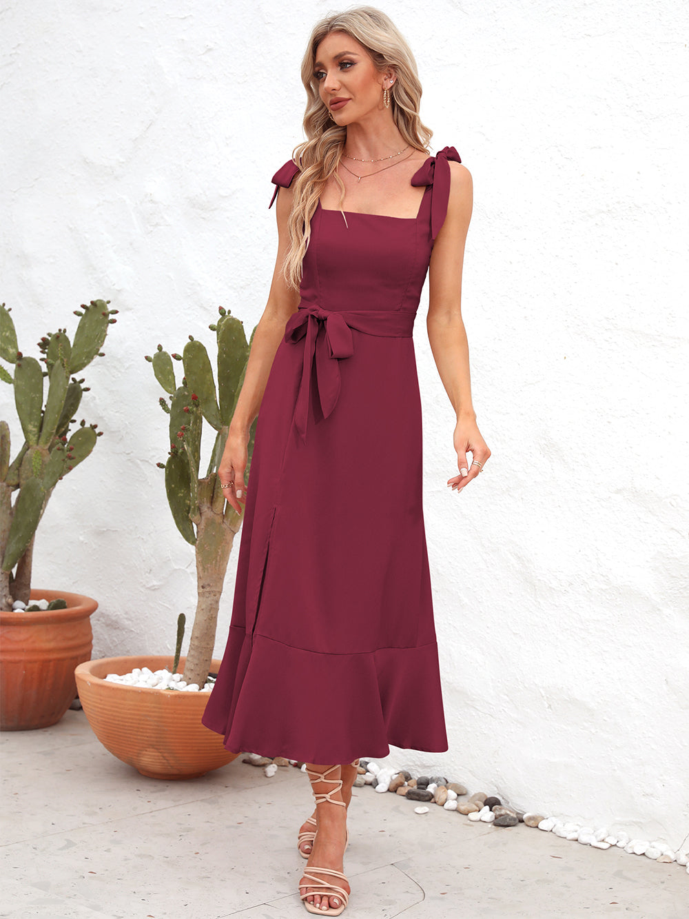 She Wears Glory “Leah” Tie Strap Peplum Midi Dress - She Wears Glory Beverly Hills