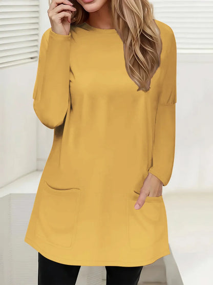 She Wears Glory™ Full Size Pocketed Round Neck Long Sleeve T-Shirt - She Wears Glory Beverly Hills