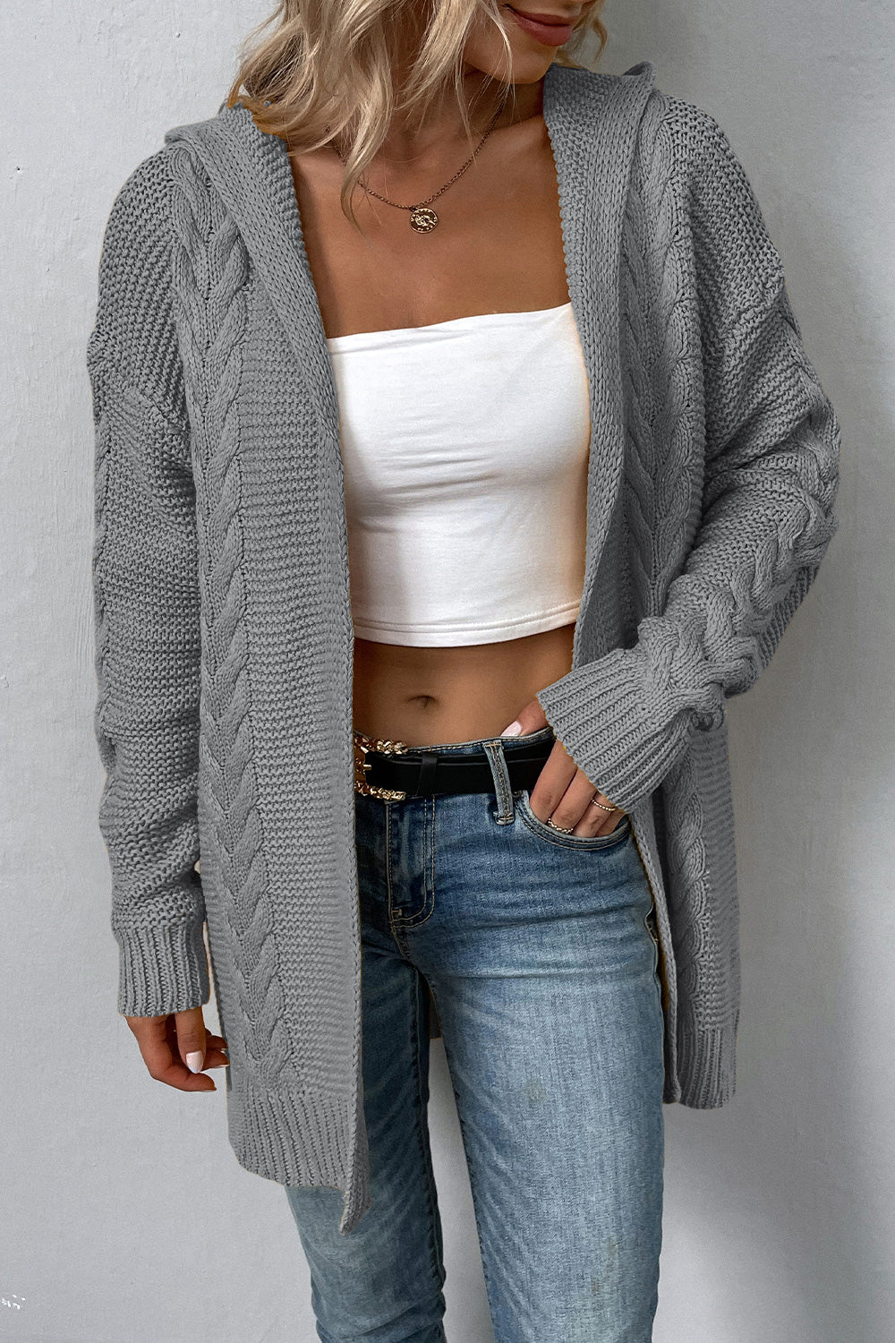She Wears Glory™ Cable-Knit Dropped Shoulder Hooded Cardigan - She Wears Glory Beverly Hills
