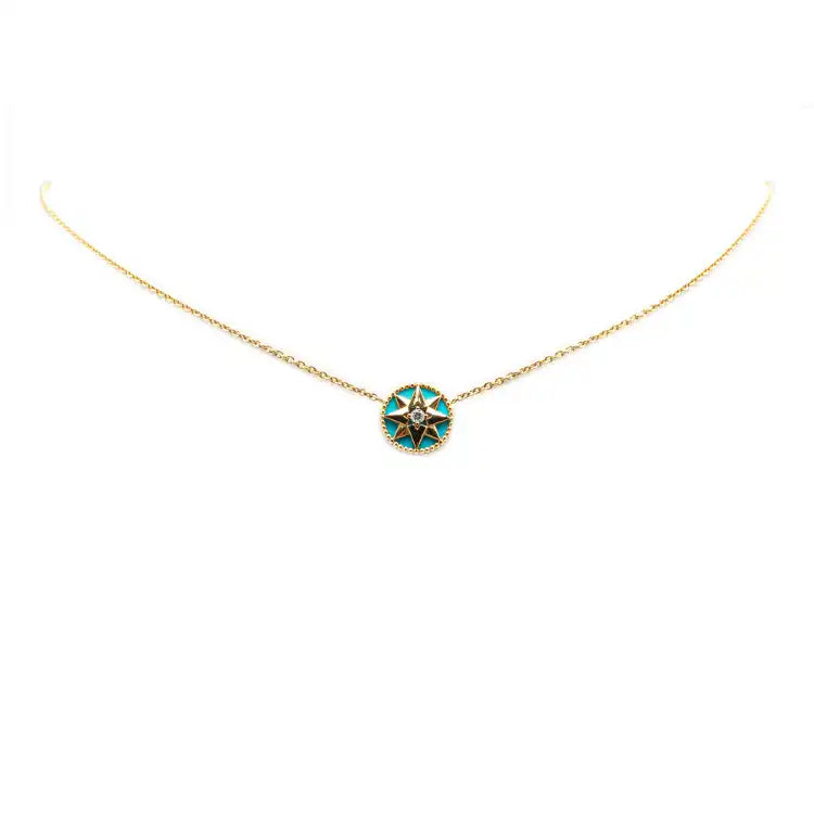 Dior 18K Yellow Gold Diamond and Turquoise Rose des Vents Necklace